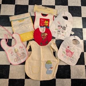 Vintage Baby Bib Set- 1980s Embroidered Animals/Christmas/Precious Moments